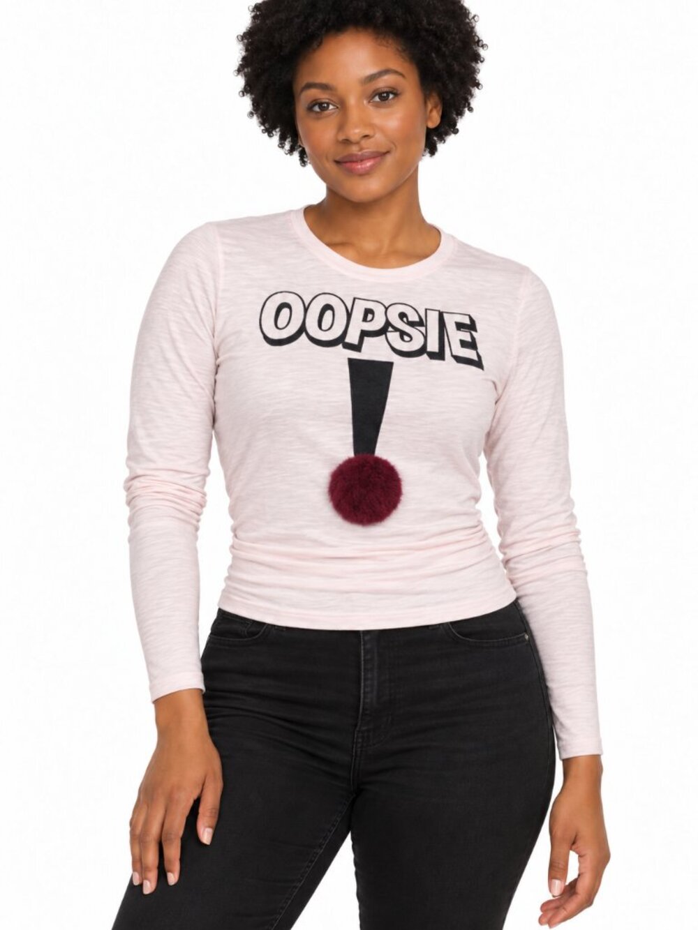 Women’s Light Pink “OOPSIE!” Graphic Long-Sleeve Top with Pom-Pom
